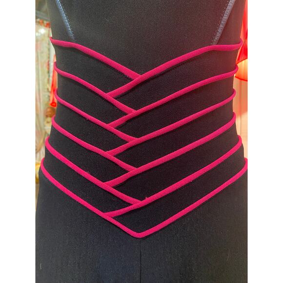 vintage 1980s black stretch jumpsuit and cropped jacket magenta chevron club xs - Picture 4 of 11